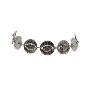 Silver Tone Coin Charm Bracelet With Leaf Embossed Design 7 Inches Lobster Clasp